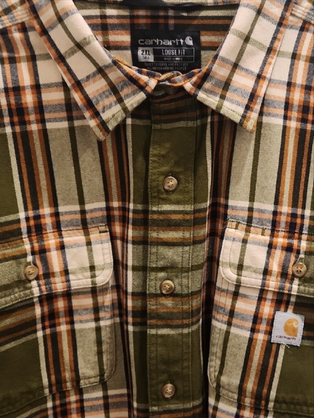 Carhartt Olive, Brown & Cream Plaid Button-Down Work Shirt - Picture 4 of 4